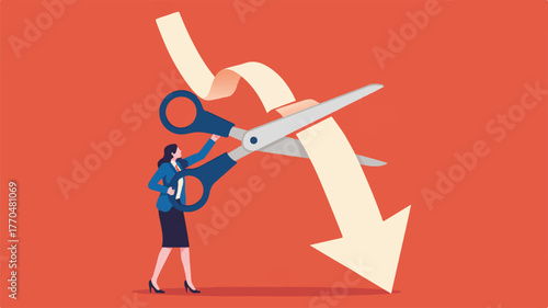 Businesswoman cutting a downward trending graph with scissors