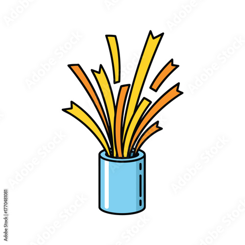 Cartoon party popper exploding with yellow and orange confetti streamers a simple flat icon for celebrations.