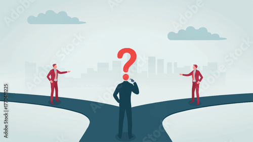 Man standing at a crossroads with a question mark above his head