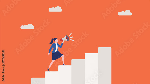 Woman with megaphone climbing stairs, symbolizing career growth and success
