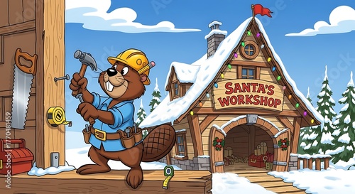A cartoon beaver wearing a construction hat and hammering a nail near Santa?s Workshop covered in snow and Christmas lights