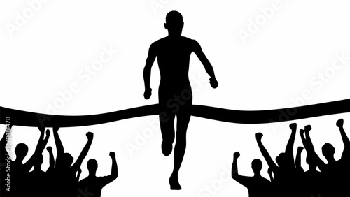 Winning runner silhouette breaking finish line tape cheered by crowd reaching goal success