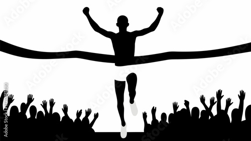 Silhouette of runner winning race with cheering crowd illustration from vector graphic