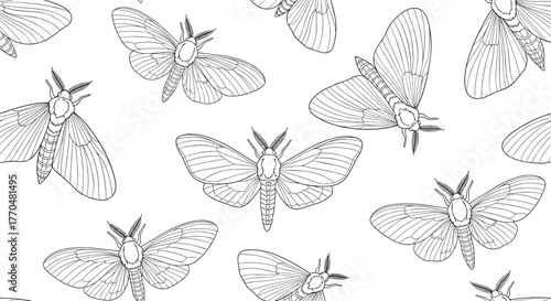 Elegant black and white seamless pattern featuring vintage-style hand-drawn moths, ideal for textile, fabric, or wallpaper design.