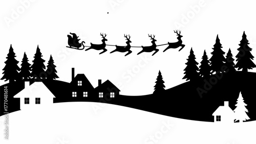 Santa's sleigh silhouette flying over cozy homes in a winter landscape, spreading holiday cheer