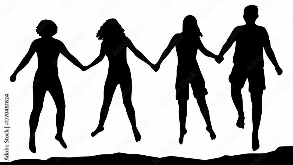 Fototapeta premium Joyful friends jumping together, holding hands, creating a dynamic silhouette of togetherness