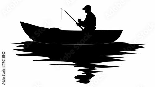 Lone fisherman casting line from boat silhouette on calm water, serene outdoor hobby moment