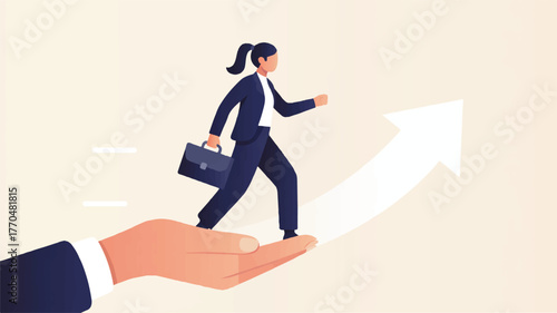 Businesswoman walking up arrow on hand, career growth concept