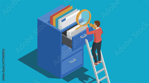 Man with magnifying glass searching files in a cabinet