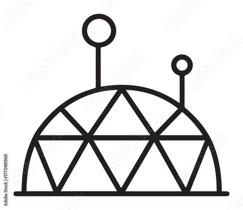 A minimalist black and white line art illustration of a geodesic dome with two antennae on top, representing a futuristic or scientific structure.