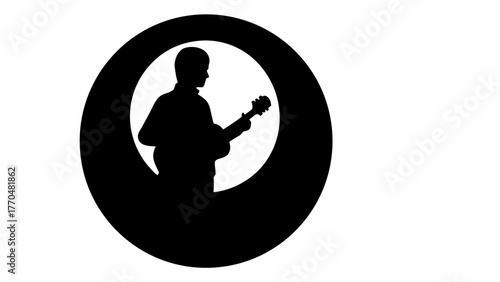 Guitar player silhouette performing music inside a black circle, perfect for creative design work
