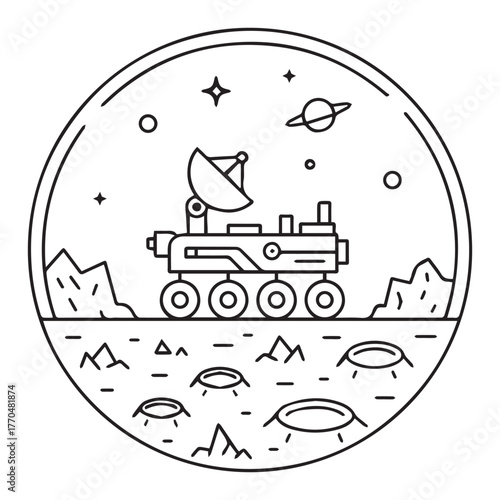 A stylized line art illustration of a rover on a cratered planet surface, with stars and a ringed planet in the background.
