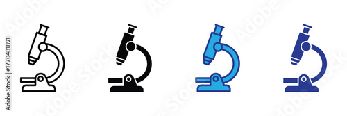 Collection of four microscope icons, including outline, black, blue, and dark blue versions, isolated on white background