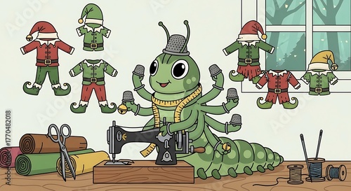 A cartoon caterpillar crafts Christmas elf outfits with many arms using a sewing machine. Fabrics and spools are nearby