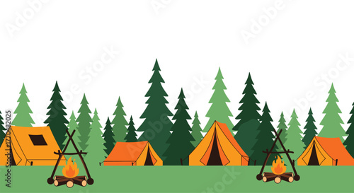 An idyllic camping scene with multiple tents and cozy campfires nestled among tall pine trees, perfect for a peaceful outdoor adventure illustration.