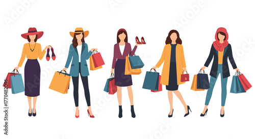 Stylish women carrying shopping bags and shoes, celebrating fashion and retail therapy with vibrant colors and modern attire