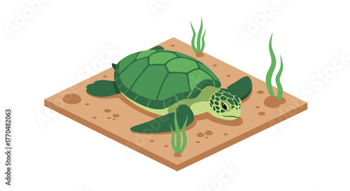 Charming green sea turtle rests serenely on sandy seabed with gentle ocean plant life swaying gracefully