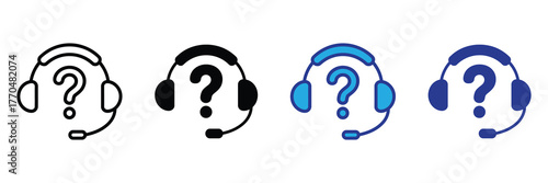 Set of four icons representing a headset with a question mark, symbolizing customer support, help, or inquiry, isolated on white background