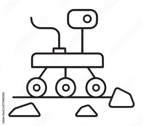 A minimalist line art illustration depicts a six-wheeled rover with an antenna and camera on a surface scattered with rocks.