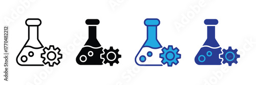 Set of four icons representing a laboratory flask with a gear, in different styles and colors, isolated on white background