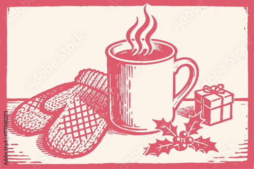 A cozy winter still life with a steaming mug, knitted mittens, a gift, and holly. Christmas holiday illustration in a retro red monochrome woodcut style.
