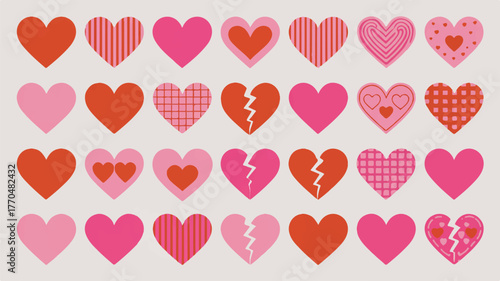 A collection of pink and red hearts in various patterns and styles