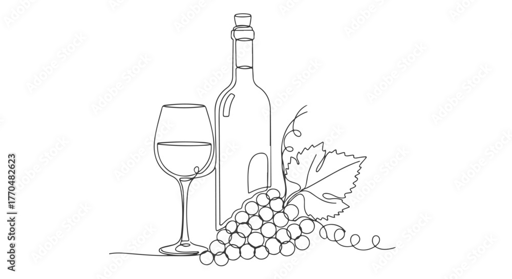 Fototapeta premium Elegant continuous one-line drawing of a wine bottle, glass, and grapes, perfect for sophisticated beverage and restaurant designs