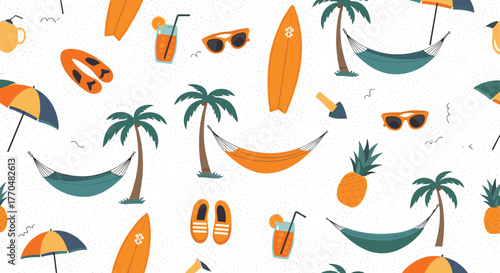 Summer beach vacation seamless pattern with hammocks, palm trees, surfboards, sunglasses, and tropical drinks.