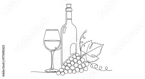 Elegant continuous one-line drawing of a wine bottle, glass, and grapes, perfect for sophisticated beverage and restaurant designs