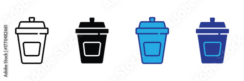 Set of four stylized icons representing disposable cups with lids, including outline, solid black, blue, and dark blue versions, isolated on white background
