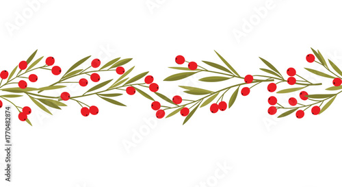 Horizontal seamless border illustration featuring vibrant red berries on green branches, perfect for festive holiday designs and natural accents.