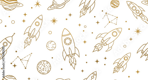 Seamless golden outline pattern of rockets, planets, and constellations against a white background.