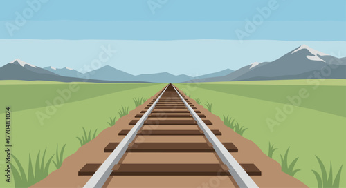 Endless railway tracks lead to majestic mountains under a vast blue sky, symbolizing journey and exploration