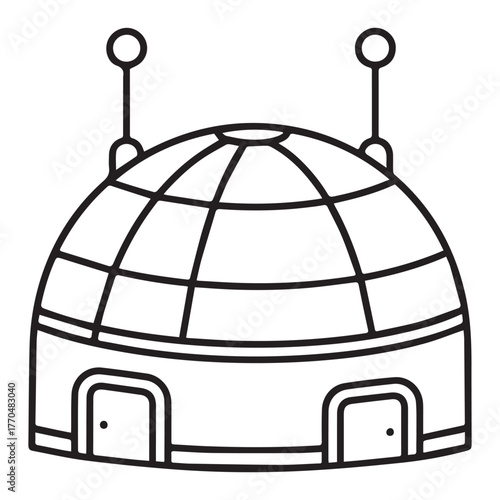 A black and white line drawing depicts a rounded dome building with two doors and two antennas on top. It resembles a futuristic or alien dwelling.