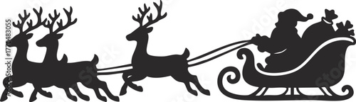 Santa Claus riding sleigh with reindeer and Christmas gifts in festive flat vector illustration