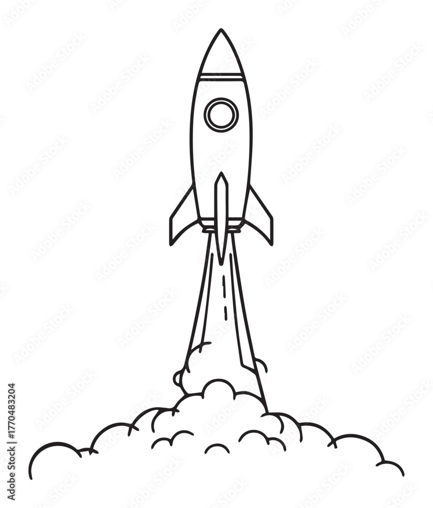 Fototapeta premium A simple line drawing of a rocket ascending into the sky, emitting smoke and flames from its boosters, symbolizing space exploration.