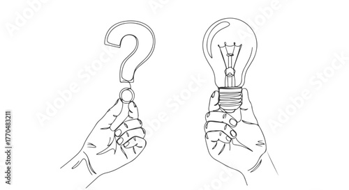 Conceptual one continuous line drawing of hands holding a question mark and an illuminating light bulb, representing the journey from a problem to a brilliant idea or solution