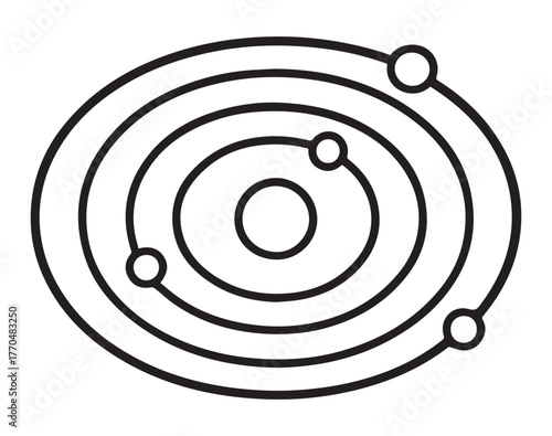 A black and white line drawing of a central circle representing a star with several concentric elliptical orbits and small circles representing planets.