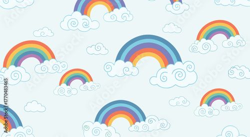 Whimsical seamless pattern featuring colorful rainbows arching over fluffy white clouds in a serene blue sky, perfect for a cheerful background.