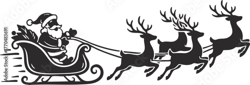 Santa Claus riding sleigh with reindeer and Christmas gifts in festive flat vector illustration