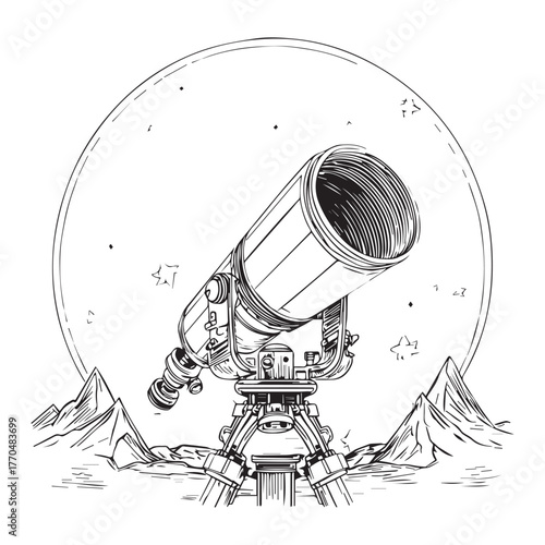 A detailed black and white sketch of a large telescope pointed towards a full moon, with mountainous terrain in the foreground.