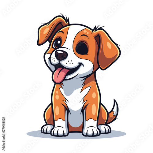 Happy brown and white cartoon puppy sitting with floppy ears and tongue sticking out.
