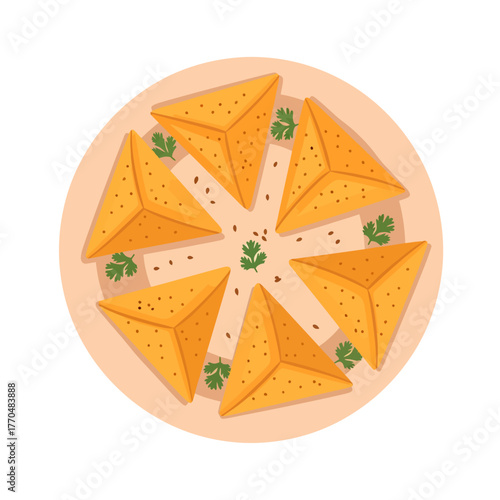 A top-down vector illustration of six golden triangular samosas arranged in a circle on a plate, garnished with fresh coriander and seeds