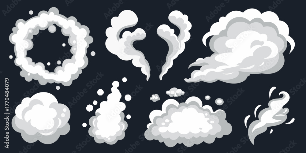 Fototapeta premium Collection of stylized cartoon smoke and cloud effects for animation and design elements