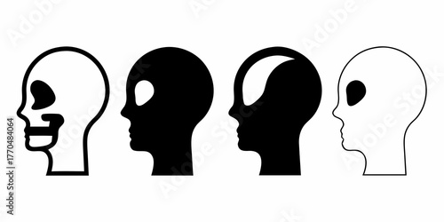Four stylized human and alien heads in profile showing different representations of faces and skulls