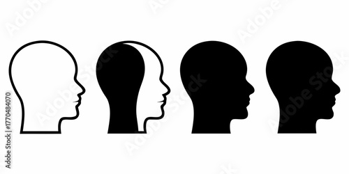 Four human head profiles in silhouette showing different levels of detail and fill from outline to solid black