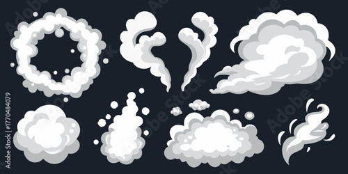 Collection of stylized cartoon smoke and cloud effects for animation and design elements