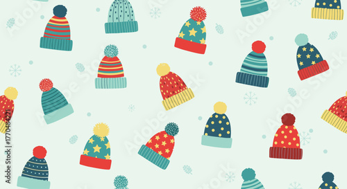 Seamless pattern of various colorful winter hats with pom-poms, adorned with snowflakes and pine cones on a light blue background.