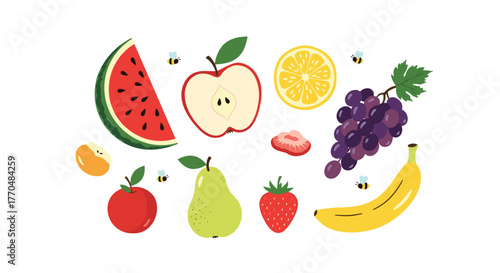 A vibrant collection of fresh and healthy fruits like watermelon, apples, grapes, bananas, and strawberries, enhanced by small buzzing bees.