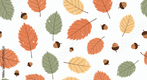Seamless pattern of colorful autumn leaves in green, orange, and yellow, scattered with small acorns on a light background.